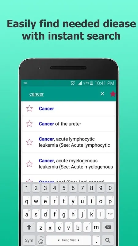 Diseases Dictionary Offline mod interface showing premium features