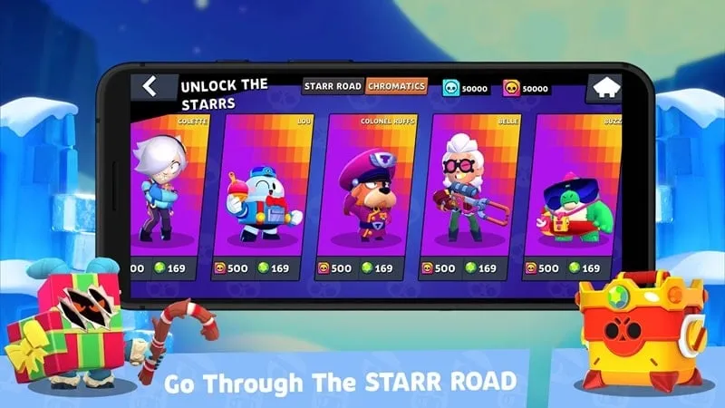 Display of characters and upgrade options within the Brawl Box Stars Simulator MOD APK.