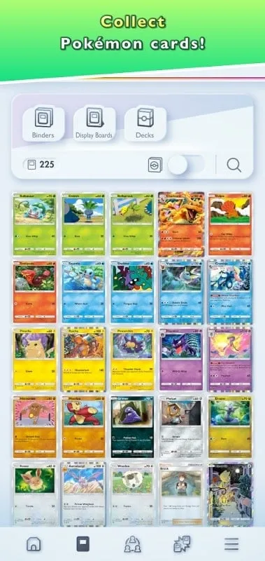 Display of diverse Pokémon cards with varying attributes and rarity levels.