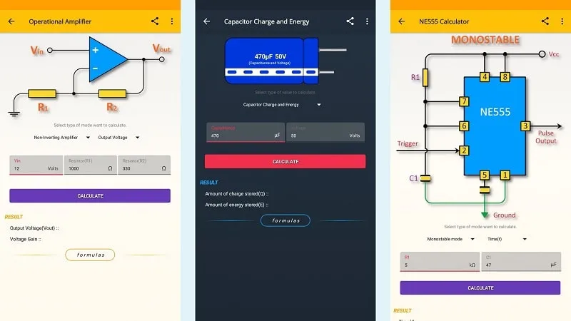 Contoh ElectroCalc yang menampilkan konversi satuan untuk komponen listrik.