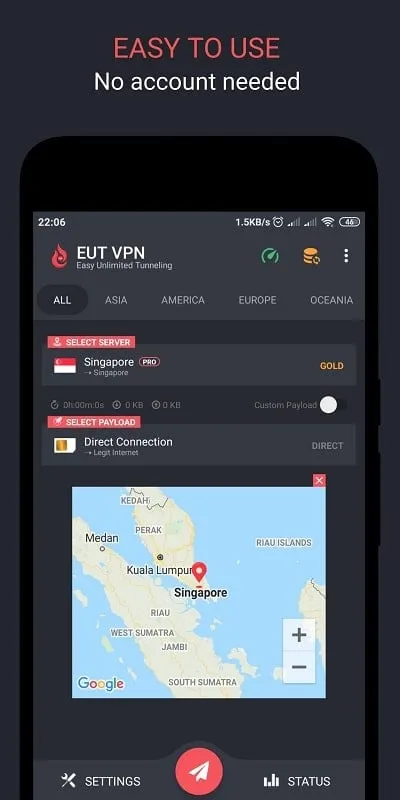 Interface do EUT VPN MOD mostrando recursos premium