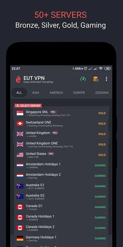 EUT VPN MOD mostrando a seleção de servidores