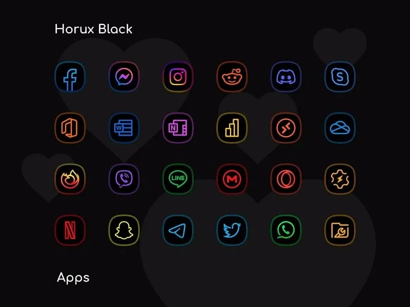 Example of Horux Black icons with a dark wallpaper