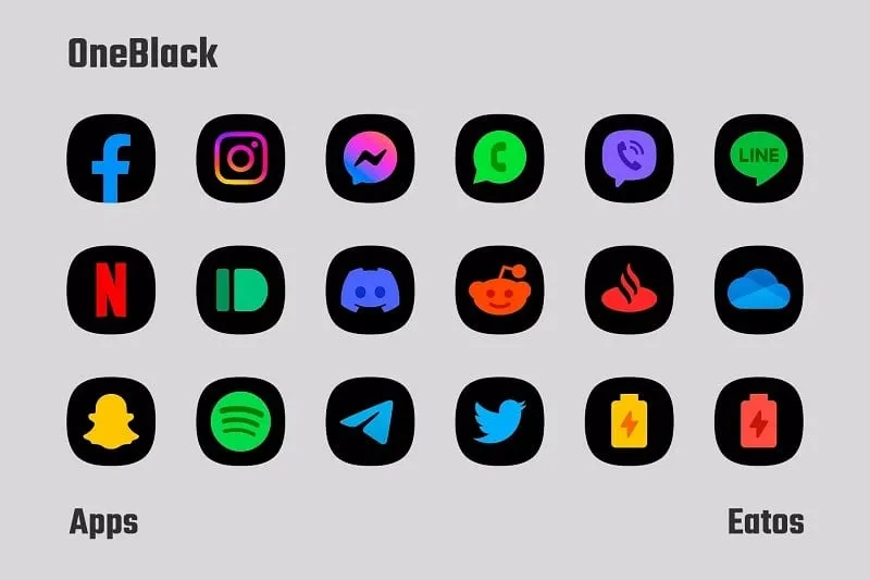 Example of OneBlack Icon Pack applied to a home screen