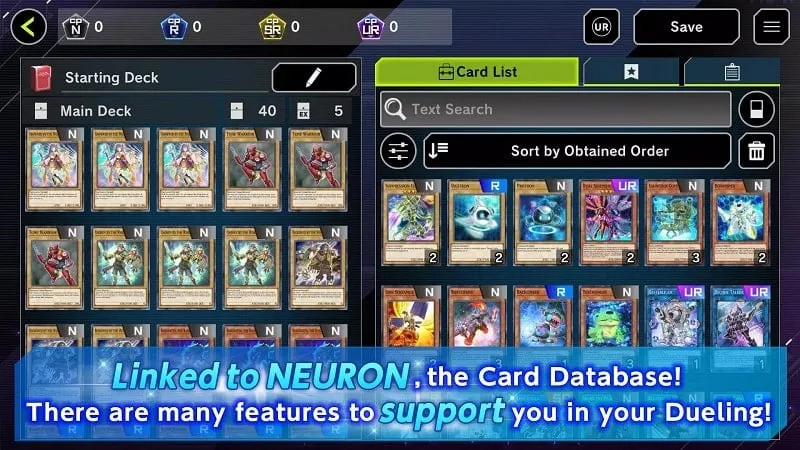 Example of the card collection interface in Yu-Gi-Oh! Master Duel.