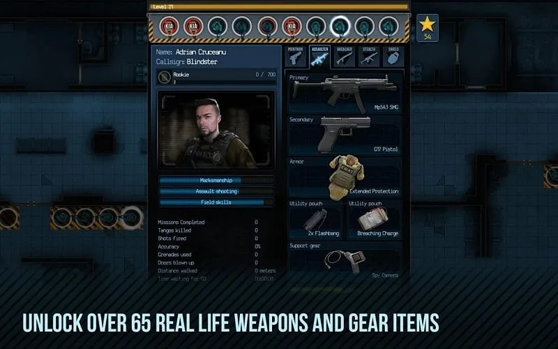 Example of various in-game weapons and items available in Door Kickers.