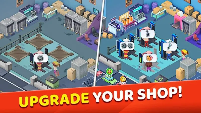 Expanding your garage and hiring staff in Tiny Auto Shop 2 using unlimited money.