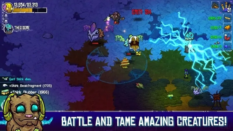 Fighting a boss character in the game Crashlands.