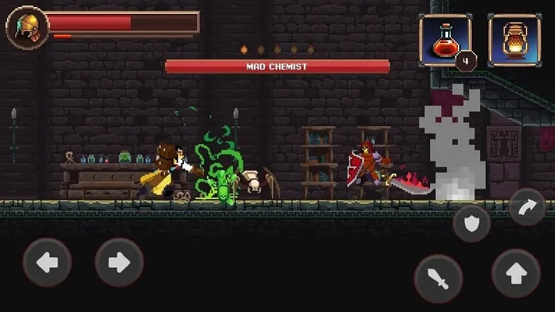 Fighting hordes of enemies in a dark dungeon.