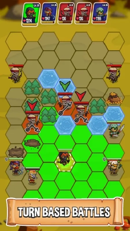 Fighting monsters in Five Heroes.