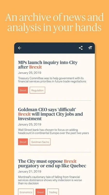 Financial News app showcasing analytical tools