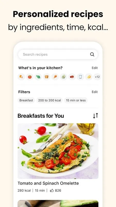 Fitia mod app showcasing a recipe library