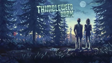 Five playable characters stand in Thimbleweed Park.