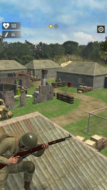 Frontline Heroes gameplay screenshot showing a soldier navigating a war-torn environment.