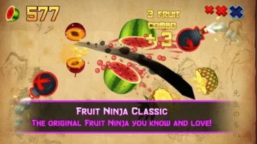 Fruit being sliced in Fruit Ninja Classic gameplay.