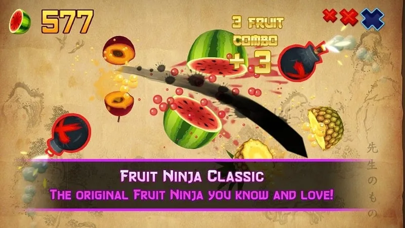 Potongan buah dalam gameplay Fruit Ninja Classic.