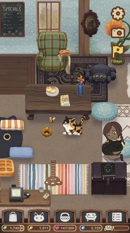 Furistas Cat Cafe gameplay featuring a variety of cats in a decorated cafe.