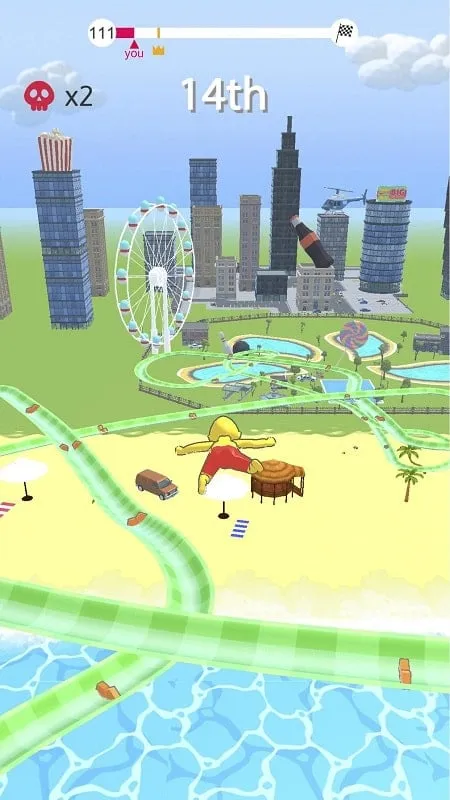 Gameplay of aquapark.io showing characters racing down the slide.