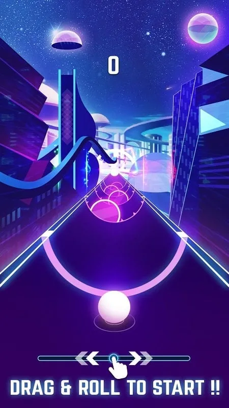 Gameplay do Beat Roller Mod APK mostrando a interface do usuário e uma pista futurista.