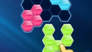 Gameplay of Block! Hexa Puzzle showing colorful hexagonal blocks.