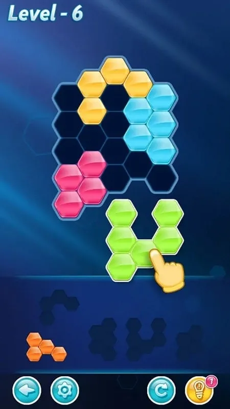 Gameplay of Block! Hexa Puzzle showing colorful hexagonal blocks.