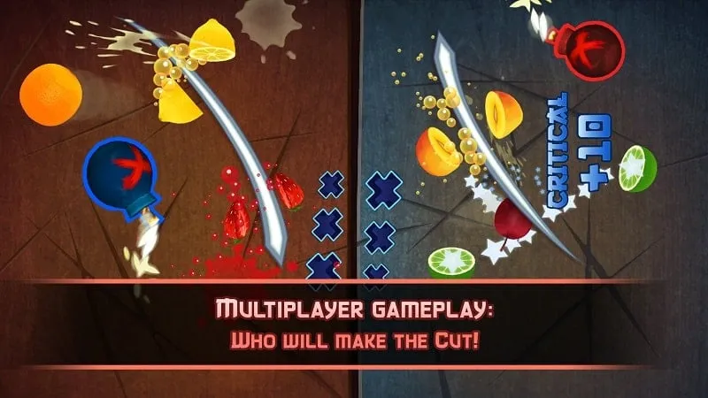 Gameplay Fruit Ninja Classic menampilkan skor dan pengganda kombo.