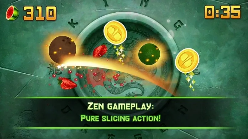 Gameplay Fruit Ninja Classic menunjukkan buah delima yang diiris.