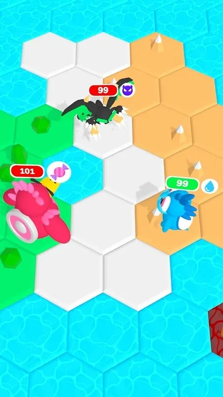 Gameplay of Hexa Mobs featuring monsters in battle.