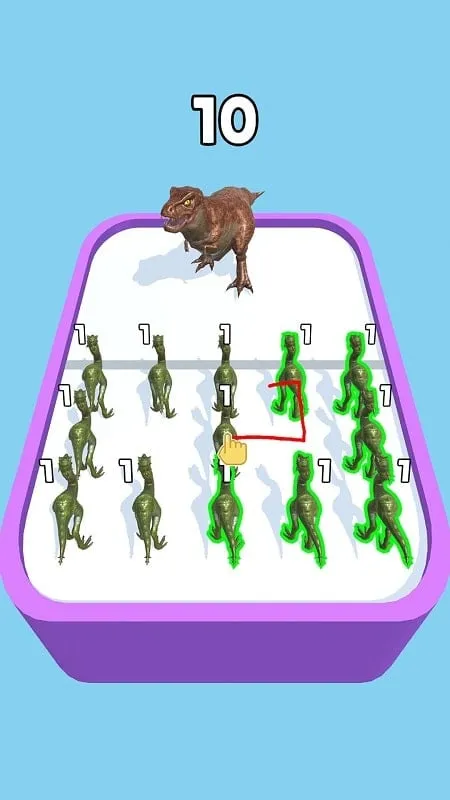 Gameplay of Merge Master featuring merging dinosaurs.