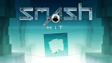 Gameplay of Smash Hit showing the metal ball and glass obstacles.