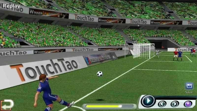 Gameplay of World Soccer League on a mobile device.