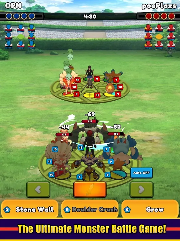 Gameplay scene showcasing a monster battle in Tetramon Monster Battles TCG.