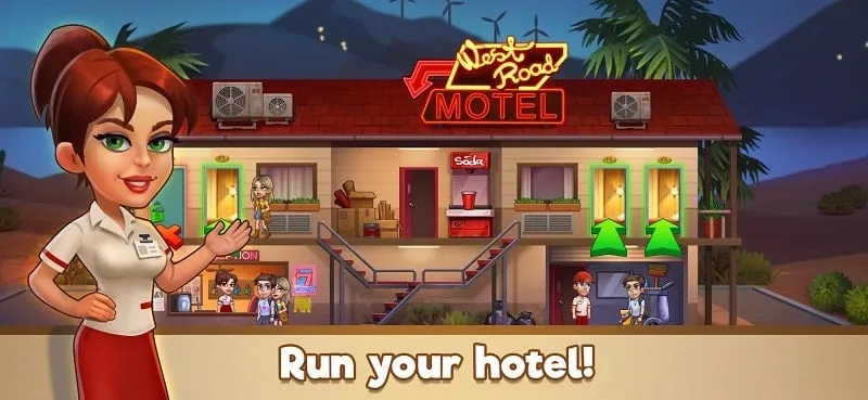 Gameplay screenshot displaying the hotel interior with upgraded furniture and decorations.