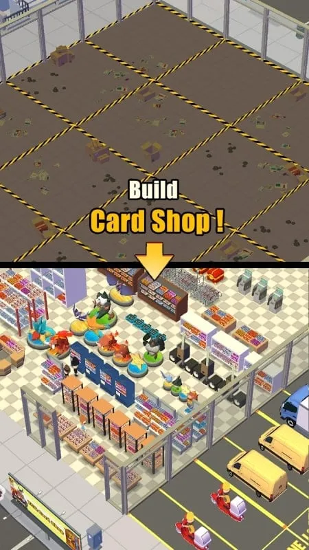 Gameplay screenshot highlighting the card upgrade feature in the TCG Card Shop Tycoon 2 mod.