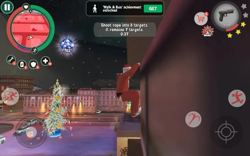 Gameplay screenshot of Crime Santa displaying the in-game interface with highlighted skill points and their impact on character stats.