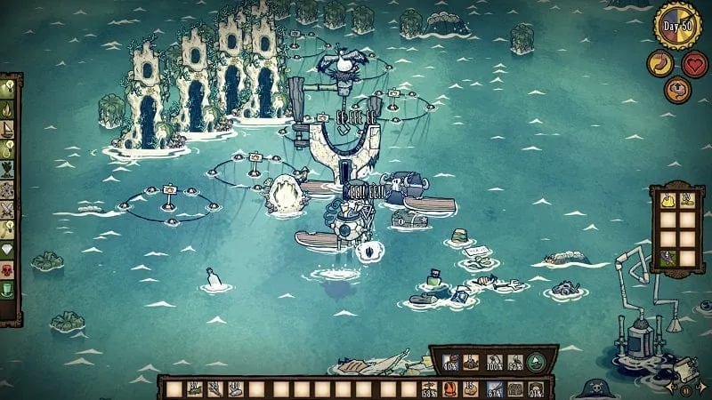 Gameplay screenshot of Don't Starve Shipwrecked Mod showcasing a character sailing a boat.