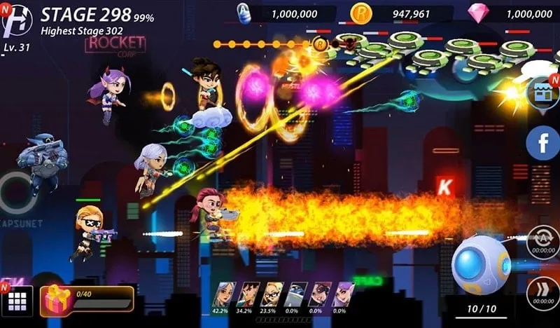 Gameplay screenshot of Idle Hero Z showcasing the cyberpunk aesthetic and hero combat.