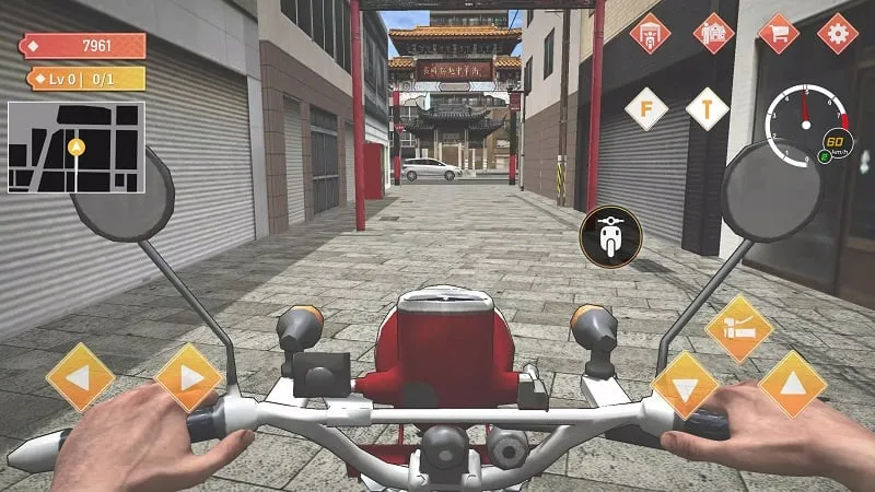 Gameplay screenshot of Japan Postman Moto Simulator displaying the open-world environment and the player character riding through the city.