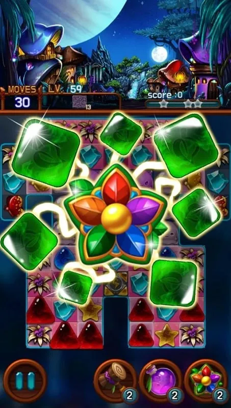 Gameplay screenshot of Jewel Galaxy highlighting the Auto Win mod feature in action.