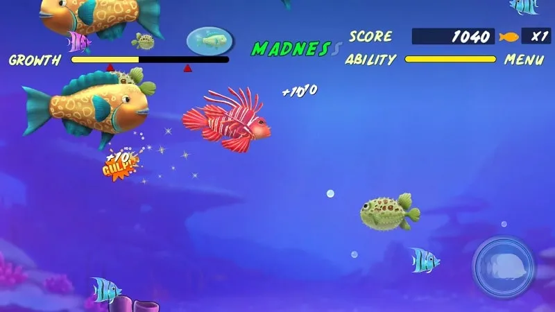 Gameplay screenshot of Let Me Eat showing fish transformation.