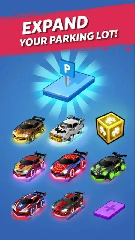 Gameplay screenshot of Merge Neon Car showing various car models and the in-game currency.