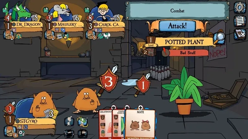 Gameplay screenshot of Munchkin MOD APK showcasing a card battle with various card types and effects.