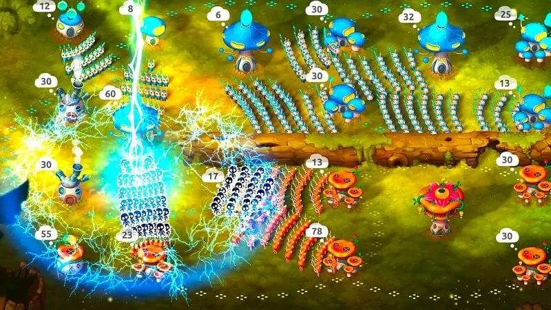 Gameplay screenshot of Mushroom Wars 2 demonstrating the move speed modification in action.