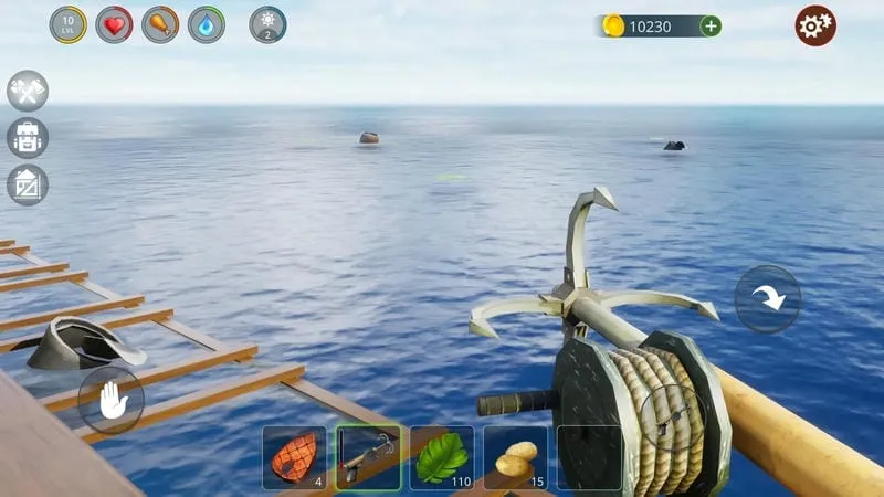 Gameplay screenshot of Oceanborn showcasing the player using a net to collect resources.