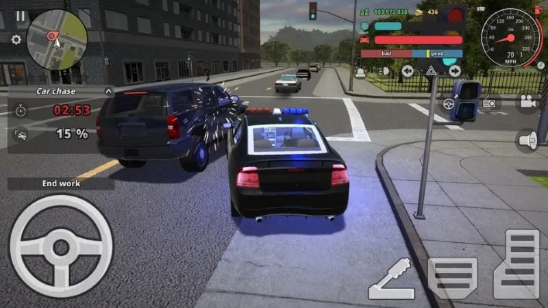 Gameplay screenshot of Police Cop Simulator Gang War showing a police chase.