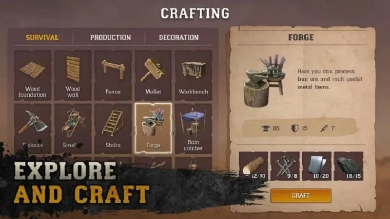 Gameplay screenshot of Raft Survival: Desert Nomad showing the character interacting with the crafting menu.