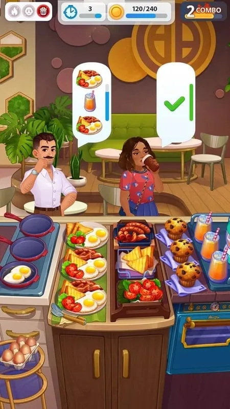 Gameplay screenshot of Royal Cooking displaying various cooking stations and food items.