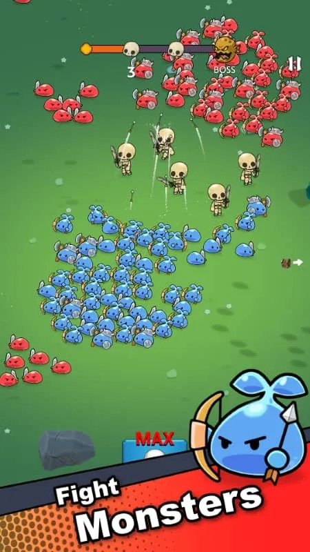 Gameplay screenshot of Slime Horde showing various slime units battling.