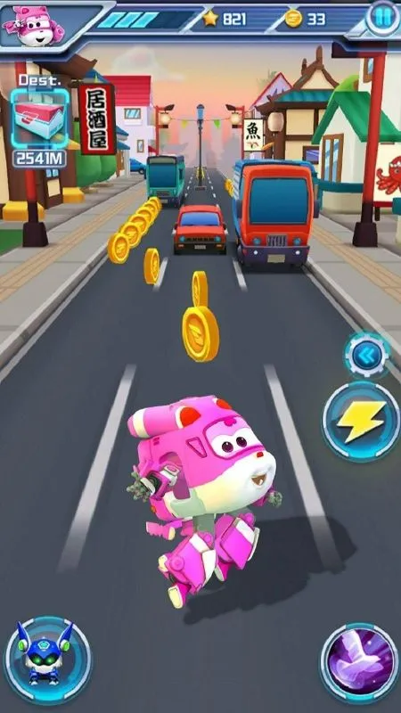 Gameplay screenshot of Super Wings showcasing a robot transforming mid-air above a cityscape.