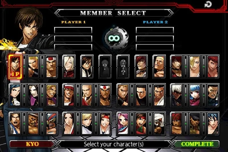 Gameplay screenshot of THE KING OF FIGHTERS A 2012 mod showcasing the fight scene and controls.